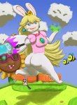 3_fingers 3_toes ambiguous_feral ambiguous_gender anthro bent_leg big_butt black_facial_hair black_mustache blonde_hair blue_ear_piercing blue_eyes blue_pupils blue_sky blue_wings bodily_fluids bottomless bottomless_anthro bottomless_female breasts brown_eyes brown_stripes buckteeth butt cellphone charm_(jewelry) clothed clothed_anthro clothed_female clothing cloud confident confident_female crown day electronics eyelashes eyewear facial_hair feet female female_anthro feral fingers flower flying fur grass group gun hair hand_pawpads headgear holding_gun holding_object holding_ranged_weapon holding_weapon insect_wings jumping legless light lips logo long_ears long_hair magic magic_user midair mouthless multicolored_body mustache nervous nervous_sweat noseless outside pawpads phone pink_clothing pink_shirt pink_tongue pink_topwear plant pose pupils purple_eyewear purple_sunglasses ranged_weapon shirt shooting_gun sky smile smiling_at_another smiling_at_viewer solo_focus stinger striped_body striped_fur stripes sunflower sunglasses sweat tan_eyelids tan_inner_ear tan_pawpads teeth thick_bottom_lip toes tongue tooth_gap toothy_grin topwear translucent translucent_wings two_tone_body wall_(structure) weapon white_body white_fur wings yellow_body yellow_fur skywater mario_bros mario_plus_rabbids_kingdom_battle nintendo raving_rabbids rayman_(series) ubisoft mario rabbid_peach sunflower_(mario_plus_rabbids) arthropod bee elemental_creature flora_fauna flower_creature hymenopteran insect lagomorph mammal rabbid 2017 absurd_res artist_logo crossover digital_drawing_(artwork) digital_media_(artwork) english_description hi_res lighting shaded