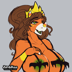 big_breasts breasts brown_hair candy candy_corn crown dessert female food freckled_face freckles green_eyes green_nipples green_tongue hair headgear horn nipples open_mouth orange_body pouring simple_background skimpy_bikini solo tiara tongue zombikiss dinosaur prehistoric_species reptile scalie 1:1 bust_portrait hi_res icon portrait