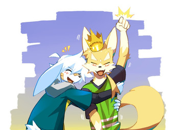 adhesive_bandage anthro blush blush_lines clothing crown duo fur gloves_(marking) headgear hug male male/male markings motion_lines multicolored_body multicolored_fur open_mouth open_smile scut_tail short_tail simple_background smile tail topwear axy_usagi axy_(axy_usagi) canid canine canis domestic_dog lagomorph leporid mammal rabbit