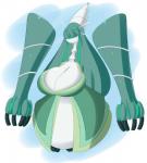 big_breasts blue_background blush breasts cleavage clothed clothing female green_hair hair huge_breasts hyper hyper_breasts long_hair long_neck non-mammal_breasts not_furry pokemorph simple_background smile solo white_background white_body white_skin jcdr nintendo pokemon celesteela generation_7_pokemon humanoid pokemon_(species) ultra_beast 2017 absurd_res hi_res