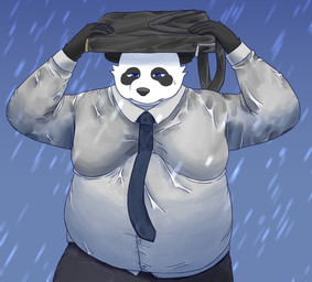 anthro belly big_belly black_body black_nose briefcase clothing humanoid_hands kemono male moobs necktie outside overweight overweight_male raining shirt solo topwear wet wet_clothing wet_shirt wet_topwear white_body bari_mu bear giant_panda mammal 2022 hi_res