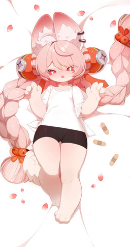 accessory anthro bottomwear braided_hair clothing dakimakura ear_piercing ear_ring female hair hair_accessory open_mouth piercing pink_body pink_hair red_eyes ring_piercing shirt shorts solo spandex spandex_shorts t-shirt tight_bottomwear tight_clothing tight_shorts topwear young ni_cai_wo_hua_bu_hua mihoyo zenless_zone_zero zhao_(zenless_zone_zero) lagomorph leporid mammal rabbit absurd_res dakimakura_design hi_res