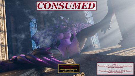 anthro arm_tuft bad_end boss_fight breasts cheek_tuft claws digestion_implied dominant dominant_anthro dominant_female duo elbow_tuft facial_tuft fangs female fog game_over game_ui gameplay_mechanics genitals glowing glowing_eyes hair horn humanoid_genitalia humanoid_penis humanoid_vulva implied_fatal implied_permanent larger_female light light_beam looking_at_viewer male male/female mean melee_weapon neck_tuft nipples nude one_eye_closed penis picking_teeth pillar profanity purple_body purple_eyes purple_hair purple_nipples raised_leg size_difference smaller_male spread_wings stained_glass submissive submissive_male sword tail talking_to_viewer teeth text text_box title tuft unbirthing vaginal vore vulva weapon wings wink retro_raptor foxipaws_(modeler) mythology jace_rodyn dragon human mammal mythological_creature mythological_scalie scalie 16:9 3d_(artwork) blender_(artwork) blender_cycles_(artwork) digital_media_(artwork) english_text hi_res widescreen