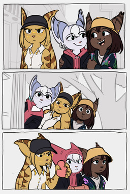 anthro breasts brown_body brown_fur brown_hair clothing ear_piercing ear_ring ear_stud eyebrows eyelashes eyewear female fur glasses group hair hat headgear headwear open_mouth open_smile piercing ring_piercing round_glasses smile striped_body striped_fur stripes trio white_body white_fur yellow_body yellow_fur time_fluffy500 kpop_demon_hunters ratchet_and_clank sony_corporation sony_interactive_entertainment angela_cross mira_(kpop_demon_hunters) rivet_(ratchet_and_clank) rumi_(kpop_demon_hunters) sasha_phyronix zoey_(kpop_demon_hunters) cazar_(ratchet_and_clank) lombax mammal 2025 absurd_res comic hi_res