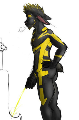 abs anthro athletic athletic_anthro athletic_male blue_eyes bodily_fluids breath butt foreskin genital_fluids genitals hair half-erect male nude peeing penis side_view solo sweat urinal urine urine_stream mynerva lagomorph leporid mammal rabbit