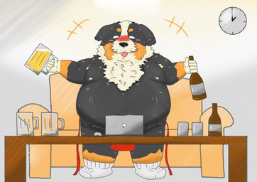 alcohol anthro beer belly beverage black_body black_fur black_nose brown_body brown_fur computer detailed_background drunk electronics fur furniture male moobs nipples overweight overweight_anthro overweight_male sofa solo substance_intoxication tongue tongue_out white_body white_fur yanununununu bernese_mountain_dog canid canine canis domestic_dog mammal molosser mountain_dog swiss_mountain_dog 2020