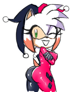 big_butt breasts butt clothed clothing cosplay eyelashes female green_eyes hat headgear headwear looking_back medium_breasts nipple_outline side_boob simple_background smile solo tail white_background akuzaguy batman_(series) dc_comics sega sonic_the_hedgehog_(series) amy_rose harley_quinn eulipotyphlan hedgehog mammal