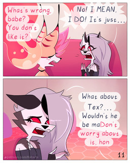 anthro blush dialogue duo eyelashes female female/female freckled_face freckles furniture long_eyelashes panicked_look piercing simple_background sofa speech_bubble text tuft kat._.arts hellaverse helluva_boss mythology loona_(helluva_boss) queen_bee-lzebub_(helluva_boss) canid canid_demon canine demon hellhound mammal mythological_canine mythological_creature 4:5 absurd_res comic english_text hi_res