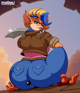 anthro big_butt butt clothing cutlass dominant dominant_female duo ear_piercing ear_ring facesitting female female_on_top fingerless_gloves gloves handwear jacket leather leather_clothing leather_jacket leather_topwear male male/female male_on_bottom melee_weapon on_bottom on_top piercing ring_piercing sitting_on_another smothering spikes sword text thick_thighs topwear weapon imadeej activision crash_bandicoot_(series) crash_bandicoot pirate_tawna bandicoot mammal marsupial url