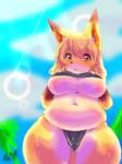 anthro belly big_breasts biped blonde_hair breasts female fur hair kemono lens_flare low-angle_view orange_eyes outside palm_tree plant short_stack slightly_chubby solo tree under_boob white_body white_fur wide_hips yellow_body yellow_fur kogitune 狐乃実 canid canine fox mammal 3:4