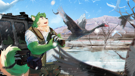 anthro black_nose bottomwear camera car clothing detailed_background green_body group humanoid_hands kemono male mountain outside overweight overweight_male pants plant shirt topwear tree vehicle water fenrir_shino lifewonders live_a_hero mokdai canid canine canis domestic_dog mammal 2022 hi_res