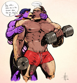 abs anthro arm_grab balls beak biceps big_penis blue_hair bodily_fluids bottomwear brown_body brown_eyes brown_fur bulge caressing chest_tuft clothed clothing dialogue dumbbell duo erection exercise face_grab feathers foreskin fur genital_fluids genitals hair holding_object horn huge_penis humanoid_genitalia humanoid_penis interspecies kissing long_penis male male/male muscular nipples nude open_mouth partially_retracted_foreskin pecs penis penis_poking_out penis_through_leghole pink_penis pose precum purple_body sexercise sexual_assault short_hair shorts simple_background standing text thick_penis tongue topless tuft vein weightlifting weights workout purplebirdman european_mythology greek_mythology mythology falcon_mccooper_(character) furry_(character) avian bison bovid bovine cattle hippogriff mammal mythological_avian mythological_creature 2012 english_text