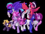 angry black_hair blonde_hair blue_eyes bracelet clothing cutie_mark evil_counterpart feathered_wings feathers female feral group hair half-closed_eyes horn jewelry jumpsuit multicolored_hair narrowed_eyes pink_eyes pink_hair purple_eyes purple_hair smile two_tone_hair wings fizzy-dog hasbro my_little_pony mythology fan_character equid equine horse mammal mythological_creature mythological_equine pegasus unicorn 4:3 alpha_channel digital_media_(artwork) hi_res shaded