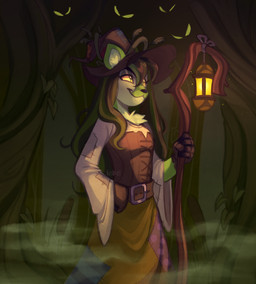 anthro clothing female green_hair hair hat headgear headwear lamp lantern magic_user smile solo staff witch yellow_eyes kisbys neopets sophie_the_swamp_witch deer ixi_(neopets) mammal neopet_(species)