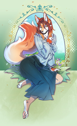 anthro biped bottomwear breasts claws clothed clothed_anthro clothed_female clothing feet female fingers front_view fully_clothed fully_clothed_anthro fully_clothed_female fur hair looking_at_viewer paws sitting smile solo tail toes topwear purplelemons canid canine fox mammal 2026 digital_drawing_(artwork) digital_media_(artwork) hi_res