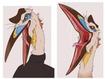 ambiguous_gender anthro beak black_clothing black_topwear blue_beak bodily_fluids brown_beak clothing fur gaping_mouth glistening glistening_eyes gradient_tongue mouth_shot multicolored_beak open_mouth pink_tongue red_tongue saliva saliva_on_tongue saliva_string solo tan_body tan_fur tongue topwear yellow_beak imperatorcaesar coal_(imperatorcaesar) azhdarchid prehistoric_species pterosaur quetzalcoatlus reptile scalie