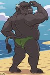 anthro beach belly butt clothed clothing cloud ear_piercing eyewear gauged_ear hair hooves horn looking_back male nipples piercing sand sea smile solo sunglasses swimwear topless water nanoff european_mythology greek_mythology minotaur_hotel mythology storm_(minotaur_hotel) bovid bovine mammal minotaur 2024 2:3 absurd_res hi_res