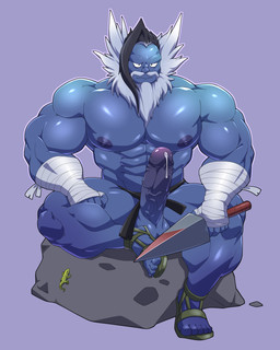 bandage beard belt blue_body bodily_fluids clothing dark_hair erection facial_hair footwear genital_fluids hair knife_play long_hair male precum rock sandals shoes simple_background solo weapon white_beard white_facial_hair maldu sea_pupper ferry_marlon humanoid lizard reptile scalie semi-humanoid 4:5 absurd_res hi_res