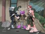 bulletproof_vest group gun holding_object holding_weapon male ranged_weapon rifle tactical tactical_gear trio weapon hz_foxy mythology fan_character canid canine dragon fox mammal mythological_creature mythological_scalie scalie 4:3 absurd_res character_request hi_res