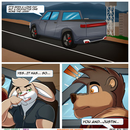anthro border brown_body brown_fur clothing dialogue driving exclamation_point fur green_eyes grey_clothing grey_shirt grey_topwear male muscular muscular_anthro muscular_male orange_eyes outside red_clothing red_shirt red_topwear shirt speech_bubble surprised tan_body tan_fur text topwear truck vehicle white_body white_border white_fur aaron_(artist) dillon_(aaron) mathew_porter bear lagomorph leporid mammal rabbit ursine 2023 comic digital_media_(artwork) english_text hi_res url