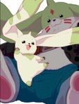 ammo_belt anthro beady_eyes belly bottomwear clothing denim denim_bottomwear denim_clothing duo evolutionary_family gun_arm horn jeans long_ears male open_mouth overweight pants pawpads smile 713_hpl bandai_namco digimon digimon_(species) gargomon terriermon