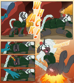 ambiguous_gender anthro anus armor black_body black_fur burning butt butt_on_fire cave club_(weapon) cutie_mark duo female fire fur genitals gold_(metal) gold_jewelry green_eyes hair hand_on_butt horn jewelry melee_weapon mostly_offscreen_character pain vulva weapon white_hair pearlyiridescence hasbro my_little_pony mythology fan_character dragon equid equine horse mammal mythological_creature mythological_equine mythological_scalie pony scalie unicorn absurd_res comic hi_res