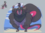 anthro big_butt biped butt clothing female hat headgear headwear huge_butt huge_hips huge_thighs hyper hyper_butt hyper_hips hyper_thighs one-piece_swimsuit simple_background smile solo swimwear thick_thighs wide_hips aimbot-jones dragon-belly nintendo pokemon generation_7_pokemon pokemon_(species) salazzle 2023 digital_media_(artwork) hi_res