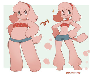 accessory anthro blue_bottomwear blue_clothing blue_shorts border bottomwear clothing ears_as_hair eyelashes female fur green_background green_eyes hair_accessory hairband hands_on_hips hands_on_own_hips kemono navel pink_body pink_fur red_clothing red_topwear rosy_cheeks shorts simple_background slightly_chubby slim solo sparkles tail tongue tongue_out topwear tube_top white_border sanjiro canid canine canis domestic_dog mammal poodle 2022 dated hi_res