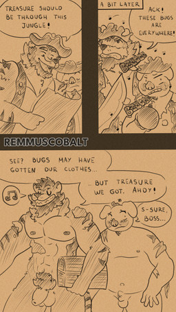 abs anthro belly big_penis casual_nudity dialogue duo embarrassed foreskin genitals humiliation larger_male male male/male muscular nude outdoor_nudity outside penis pirate public size_difference small_penis smaller_male social_nudity text treasure remmus_cobalt domestic_pig felid mammal pantherine suid suine sus_(pig) tiger 4k 9:16 absurd_res comic english_text hi_res