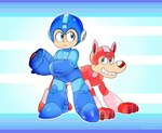 3_toes 4_fingers arm_cannon armor blue_armor blue_background blue_boots blue_clothing blue_eyes blue_footwear blue_gloves blue_handwear blue_helmet boots claws clothed clothed_humanoid clothed_male clothing duo feet feral fingers footwear fully_clothed fully_clothed_humanoid fully_clothed_male furrowed_brow gloves handwear larger_humanoid larger_male light machine male mouth_closed outline pink_eyes quadruped red_armor red_claws red_helmet red_inner_ear red_nose shoes simple_background size_difference smaller_feral smaller_male smile smiling_at_another standing tan_body tan_skin text toe_claws toes white_outline drememoto capcom mega_man_(series) mega_man_(character) rush_(mega_man) canid canine humanoid mammal robot robot_dog robot_feral robot_humanoid 2022 artist_name colored digital_drawing_(artwork) digital_media_(artwork) english_description hi_res lighting shaded