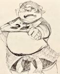 anthro belly blush bottomwear clothing hat headgear headwear humanoid_hands male navel overweight overweight_anthro overweight_male shirt shorts solo teeth text topwear kogiinu lifewonders tokyo_afterschool_summoners alp_(tas) bear giant_panda mammal 2019 english_text hi_res japanese_text