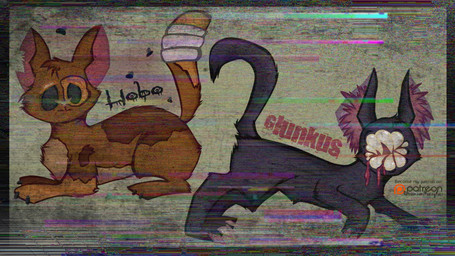 ambiguous_gender bandage bandaged_tail black_body black_fur black_text blood blood_from_mouth blood_in_mouth bodily_fluids brown_body brown_fur claws duo eyeless feral fur inner_ear_fluff notched_ear pink_inner_ear purple_inner_ear purple_inner_ear_fluff raised_tail red_text tail teeth text tuft krazykari neko_atsume fan_character glunkus_(suprememeep) hobo_(suprememeep) ambient_arthropod ambient_fly ambient_insect domestic_cat felid feline felis mammal 16:9 2017 character_name digital_drawing_(artwork) digital_media_(artwork) shaded widescreen