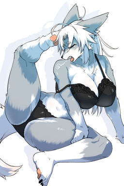 anthro big_breasts black_clothing black_lingerie black_nails black_toenails breasts cheek_tuft chest_tuft clothed clothing colored_nails eyebrows eyes_closed facial_tuft feet female fluffy fluffy_tail fur grey_body grey_fur hair huge_breasts leg_stretch lingerie multicolored_body multicolored_fur nails open_mouth pawpads pink_pawpads scratching scratching_head scratching_with_foot simple_background solo tail toenails toes tongue tongue_out tuft white_background white_body white_breasts white_eyebrows white_fur white_hair white_tail yawn ookamiwaho okami_bark canid canine canis mammal wolf 2:3 hi_res