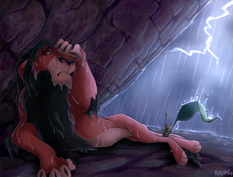 ambiguous_anthro ambiguous_gender anthro black_mane black_nose duo extreme_size_difference feral fur green_eyes grey_body grey_fur holding_leaf leaf leg_tuft male male_feral mane mouth_closed narrowed_eyes raining red_body red_fur size_difference tuft wet wet_body wet_fur yellow_eyes kodaac disney the_lion_king scar_(the_lion_king) felid lion mammal mouse murid murine pantherine rodent signature