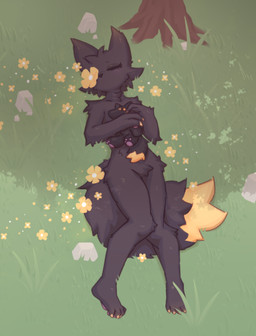 arm_tuft crotch_tuft dipstick_tail elbow_tuft eyes_closed flower flower_obstructing_eye flower_on_head fur grass grey_body grey_fur head_tuft holding_object holding_plushie hug hugging_object hugging_plushie komorebi lying lying_on_grass markings on_back on_grass on_ground one_eye_obstructed pawpads plant plantigrade plushie rock roots shoulder_tuft solo tail tail_markings tree tuft under_tree yellow_flower inkless_brush casualties:_unknown expie_(gunsawian) gunsawian
