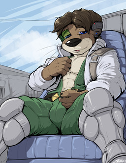 anthro blue_chair blue_ear_piercing blue_eyes brown_body brown_fur brown_hair bulge clothing cloud cockpit fur green_clothing hair looking_at_viewer male open_suit pilot sitting sky smile smiling_at_viewer solo tan_body tan_fur tongue undressing_self whiskers white_clothing pandottermon toma_(pandottermon) mammal mustelid otter 2026 colored hi_res