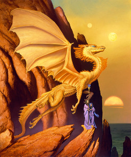 ambiguous_gender anthro blue_eyes calendar cave claws clothing female feral group melee_weapon membrane_(anatomy) membranous_wings moon mountain outside polearm robe rock sky staff sunset tail water weapon wings michael_whelan mythology dragon human mammal mythological_creature mythological_scalie scalie 2002