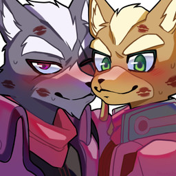 after_kiss anthro anthro_on_anthro blush bodily_fluids clothed clothing duo eyebrows fur hair jacket kerchief kiss_mark looking_at_viewer male male/male neckerchief neckwear one_eye_closed scar simple_background smile spikes sweat topwear tuft white_background adrianis06 nintendo star_fox fox_mccloud wolf_o'donnell canid canine canis fox mammal wolf 1:1 2025 hi_res