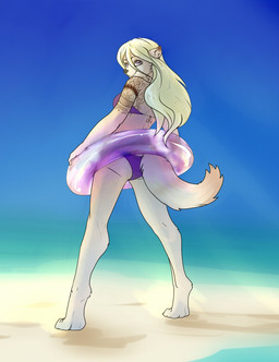 anthro bikini bikini_bottom bikini_top blonde_hair butt clothing female fur hair inflatable inner_tube looking_back pool_float rear_view solo standing swimwear tan_body tan_fur tattoo two-piece_swimsuit gardeaalgedo canid mammal hi_res