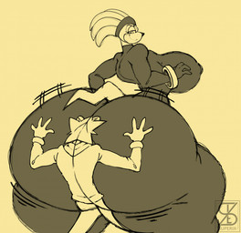 4_fingers anthro big_breasts big_butt bottom_heavy breasts butt butt_jiggle duo female fingers flattened huge_breasts huge_butt huge_thighs hyper hyper_butt jiggling looking_back male motion_lines narrowed_eyes nipple_outline smile smirk thick_thighs superix sega sonic_chronicles:_the_dark_brotherhood sonic_the_hedgehog_(series) fan_character shade_the_echidna bear echidna mammal monotreme black_and_yellow hi_res monochrome