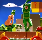 1-up_mushroom butt clothing costume dressing duo_focus facial_hair form_fitting frog_suit fungus fursuit group hat headgear headwear human_focus male male_focus mushroom mustache not_furry_focus text text_on_clothing text_on_hat text_on_headwear tight_clothing undressing why masao mario_bros nintendo luigi mario amphibian cheep_cheep fish frog human mammal marine brother_(lore) brothers_(lore) sibling_(lore) twins_(lore)