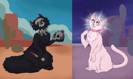 black_body black_fur blood bodily_fluids bone bone_mask candle cross_(marking) duo feral fur mask simple_background skull skull_mask dwarf_lover mewgenics marshmallow_(mewgenics) morana_(mewgenics) domestic_cat felid feline felis mammal digital_media_(artwork) hi_res female_(lore)