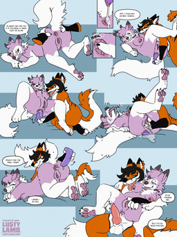anal anal_penetration anthro anus balls blue_eyes blush blush_lines breasts dialogue dildo dildo_in_ass dildo_insertion dipstick_ears duo ear_markings female fur genitals green_eyes knot knotted_penis male male/female multicolored_ears nipple_piercing nipples object_in_ass orange_body orange_fur pawpads paws penetration penis piercing pokemorph purple_body purple_fur sex_toy sex_toy_in_ass sex_toy_insertion text vulva white_body white_fur conditional_dnp lustylamb nintendo pokemon canid canine fox generation_7_pokemon lycanroc mammal midday_lycanroc pokemon_(species) absurd_res comic english_text hi_res
