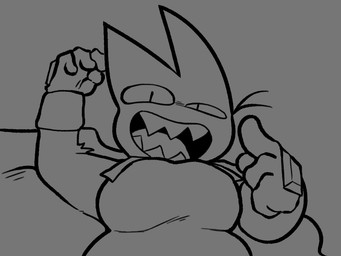anthro cape clothing front_view fur gesture gloves grey_background half-closed_eyes hand_gesture handwear male moobs narrowed_eyes pointing pose sharp_teeth simple_background smile solo teeth tongue whiskers awakecore felie cartoon_network mao_mao:_heroes_of_pure_heart sheriff_mao_mao_mao domestic_cat felid feline felis mammal 2026 digital_media_(artwork) monochrome sketch