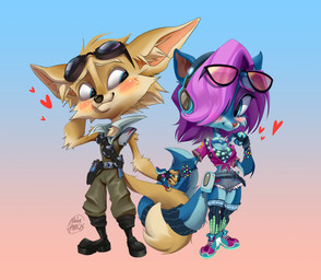 anthro black_nose blue_body blue_eyes blue_fur chibi clothing duo electronics embarrassed entwined_tails eye_contact eyewear eyewear_on_head female flask footwear fur gloves goggles goggles_on_head gradient_background hair hands_together handwear headphones looking_at_another male male/female pink_nose purple_hair romantic romantic_couple shoes simple_background smile smiling_at_another smiling_at_each_other standing sunglasses sunglasses_on_head tail tail_coil wearing_sunglasses yellow_body yellow_fur jaminymiller hi-rez_studios paladins_(game) pepper_(paladins) pip_(paladins) canid canine fennec_fox fox mammal true_fox 2025 hi_res