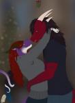 2015 anthro arun_(tokaido) black_hair breasts christmas claws clothed clothing digital_media_(artwork) dragon duo embrace female hair hi_res holidays horn hug kiba_insugia kissing_bough male male/female mistletoe mythological_creature mythological_scalie mythology plant purple_body red_body red_eyes red_hair scalie sex_toy simple_background smile standing tail tokaido yellow_eyes