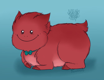 ambiguous_feral ambiguous_gender beady_eyes blue_background blue_bow_tie bow_tie countershade_fur countershade_torso countershading feral fur gradient_background hooves looking_at_viewer pink_body pink_countershading red_body red_fur red_hooves side_view simple_background smile solo tail bloodandroses fluffy_pony fluffy_pony_(species) jellenheimer mammal 2025 digital_media_(artwork) english_description shaded signature
