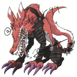 claws feral fur harness leather leather_harness long_snout male red_body red_fur scar sharp_teeth snout solo teeth yellow_eyes 9999_td bandai_namco digimon digimon_(species) fangmon 1:1