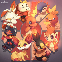 ambiguous_gender anthro beak black_body blue_eyes blush claws eyelashes fangs feathers feral fire fur group inner_ear_fluff looking_at_viewer multicolored_body object_in_mouth one_eye_closed open_mouth orange_body orange_feathers orange_fur paws red_body red_eyes red_fur simple_background sitting stick tail teeth tongue tuft two_tone_body white_body yellow_body yellow_sclera leoiruga nintendo pokemon avian bird canid canine charmander chimchar crocodilian cyndaquil felid feline fennekin fuecoco generation_1_pokemon generation_2_pokemon generation_3_pokemon generation_4_pokemon generation_5_pokemon generation_6_pokemon generation_7_pokemon generation_8_pokemon generation_9_pokemon haplorhine lagomorph litten mammal monkey pokemon_(species) primate reptile scalie scorbunny suid suine tepig torchic 1:1 2025 hi_res signature