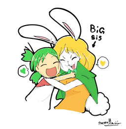 anthro blonde_hair duo female fluffy fluffy_tail fur hair happy heart_symbol hug tail white_body white_fur sheep_demi one_piece yotsubato! carrot_(one_piece) yotsuba_koiwai human lagomorph leporid mammal minkmen_(one_piece) rabbit absurd_res hi_res